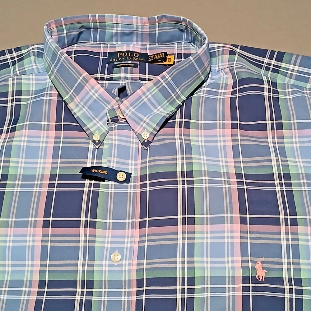 POLO‎ RALPH LAUREN Mens Shirt Button Down Plaid Performance Wicking Blue 4XB
